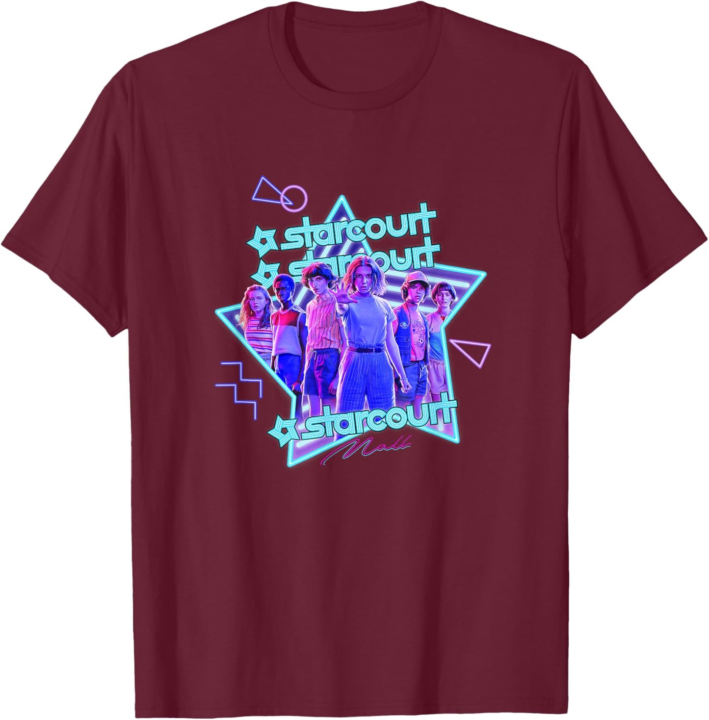 Stranger Things Starcourt Mall Vintage Neon Group Portrait T-Shirt - T-Shirt | Maroon