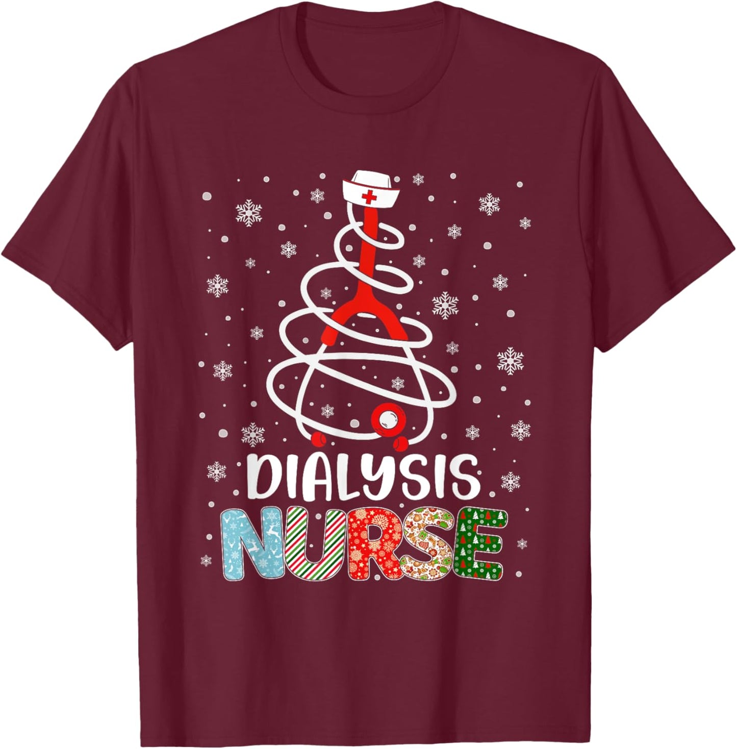 Cute Dialysis Nurse Xmas Tree Merry Christmas Nurse Nursing T-Shirt - T-Shirt | Maroon