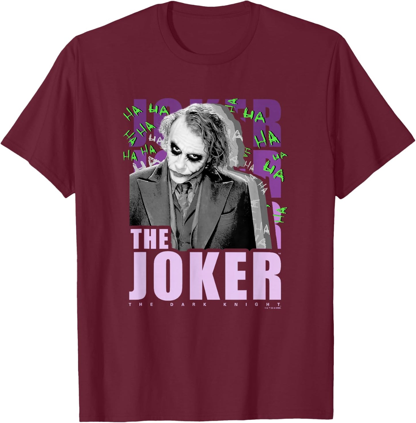 The Dark Knight The Joker Purple Ha Ha Distressed Poster T-Shirt - T-Shirt | Maroon