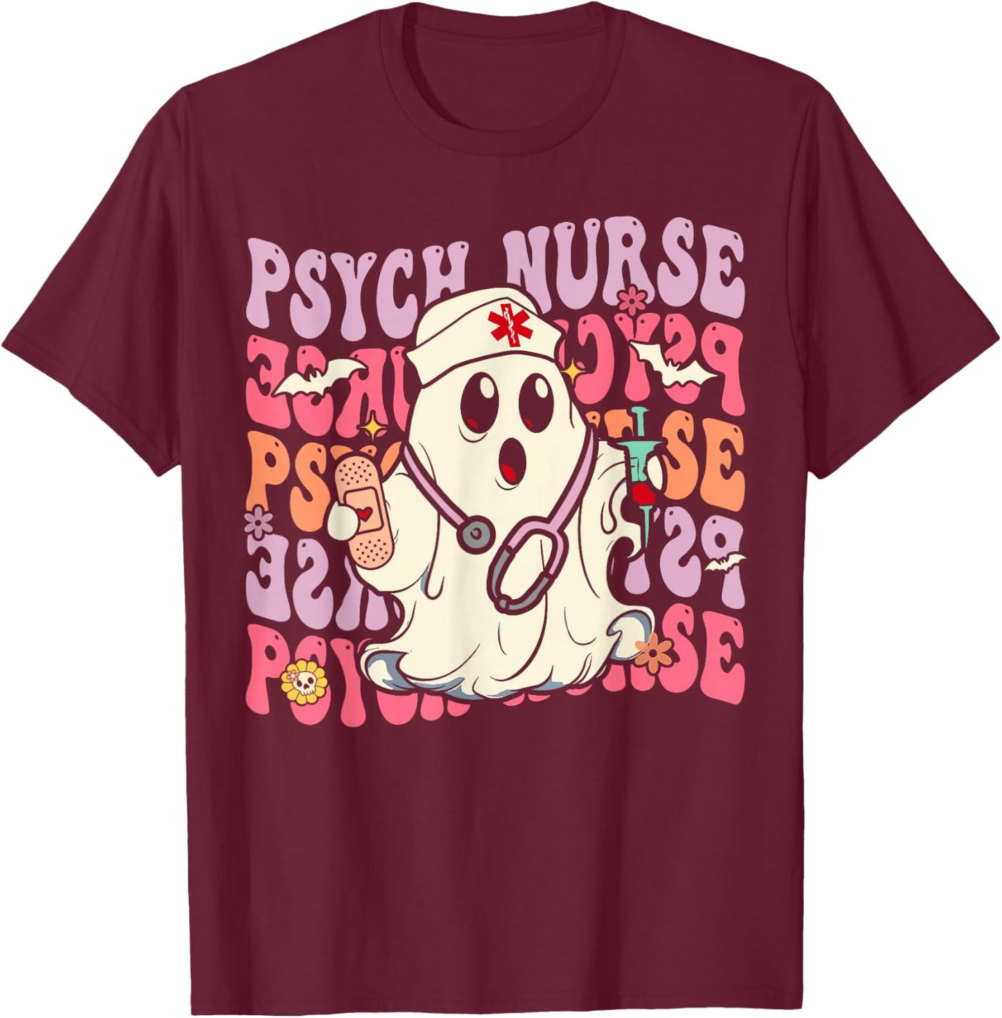 Retro Psych Nurse Groovy Halloween Psychiatric Nurse T-Shirt - T-Shirt | Maroon