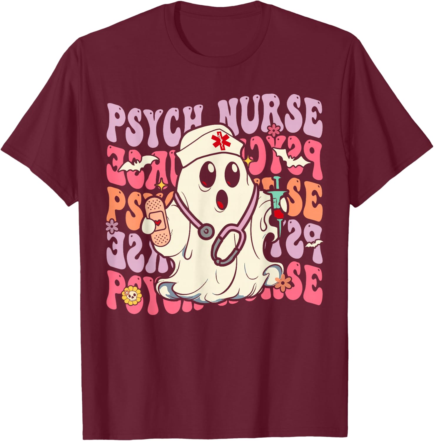 Retro Psych Nurse Groovy Halloween Psychiatric Nurse T-Shirt - T-Shirt | Maroon