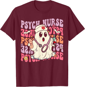 Retro Psych Nurse Groovy Halloween Psychiatric Nurse T-Shirt - T-Shirt | Maroon