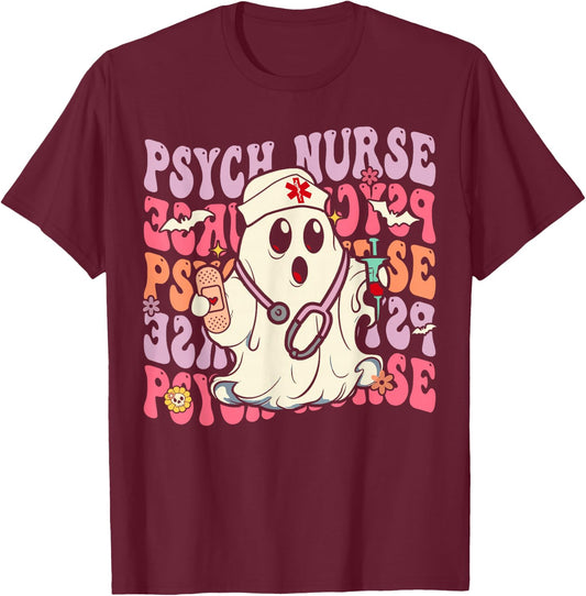 Retro Psych Nurse Groovy Halloween Psychiatric Nurse T-Shirt - T-Shirt | Maroon
