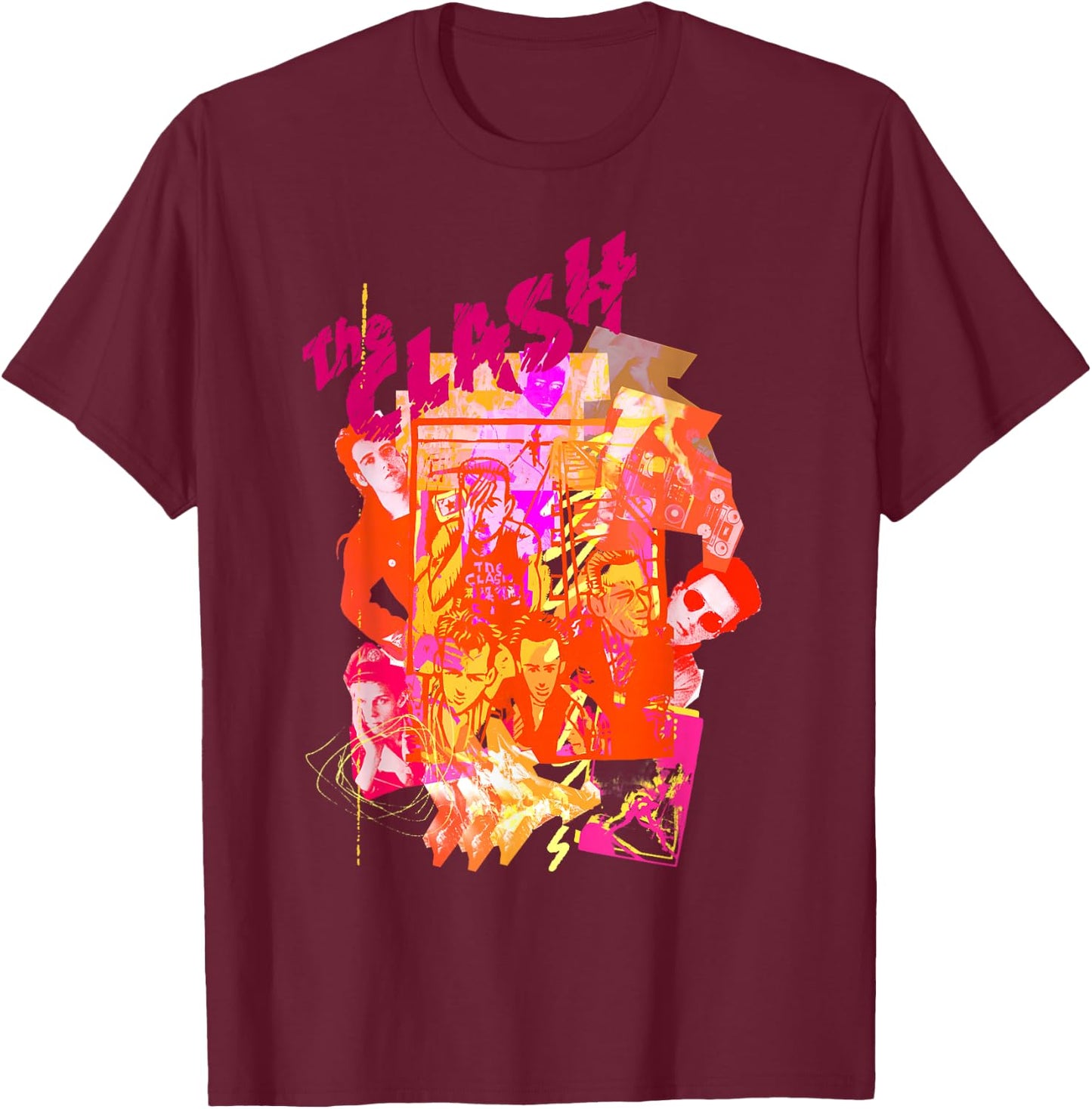 The Clash - Collage Neon T-Shirt - T-Shirt | Maroon