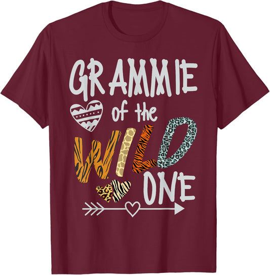 Grammie of The Wild One Animal Safari 1st Birthday Theme T-Shirt - T-Shirt | Maroon