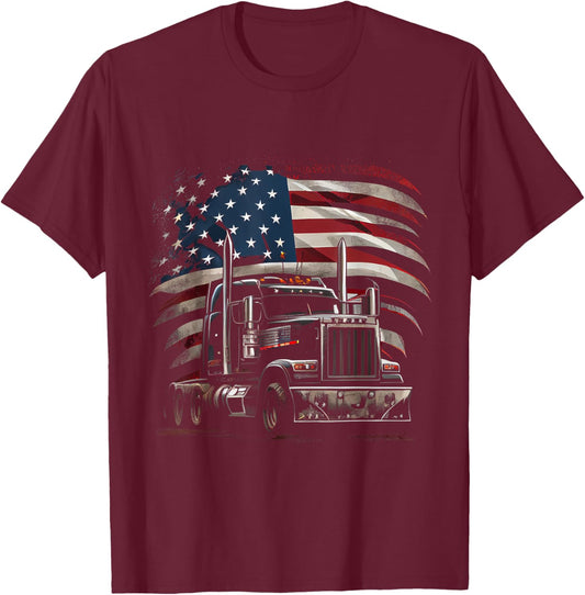 US American Flag Trucker Truck Driver Gift Women Men T-Shirt - T-Shirt | Maroon
