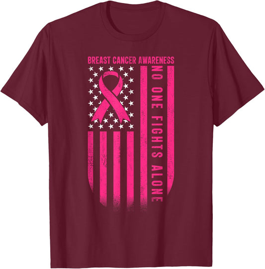 No One Fights Breast Cancer Alone American Flag Pink Ribbon T-Shirt - T-Shirt | Maroon