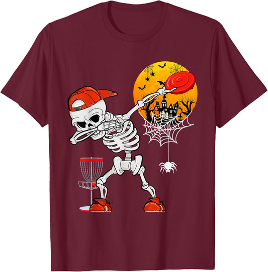 Dabbing Skeleton Playing Disc Golf Halloween Player Coach T-Shirt - T-Shirt | Maroon