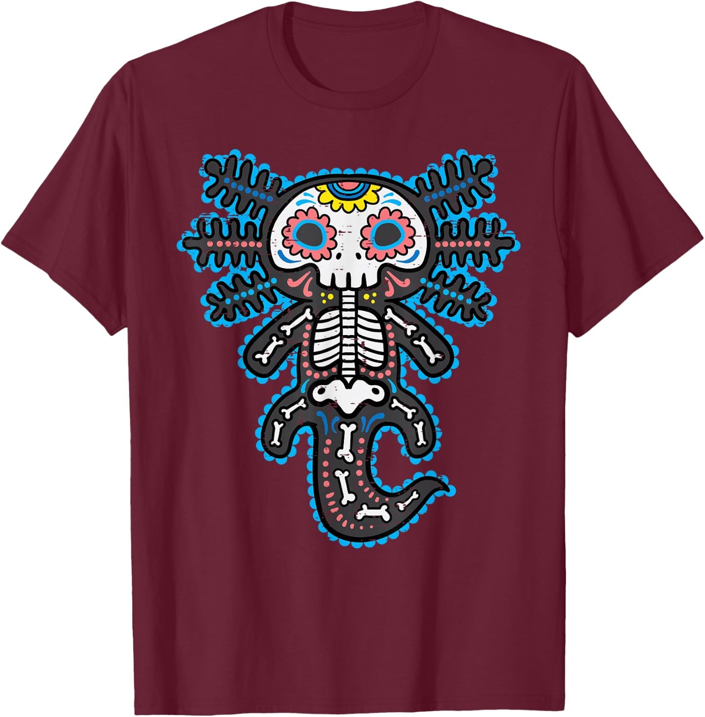 Sugar Skull Axolotl Skeleton Halloween Dia De Los Muertos T-Shirt - T-Shirt | Maroon