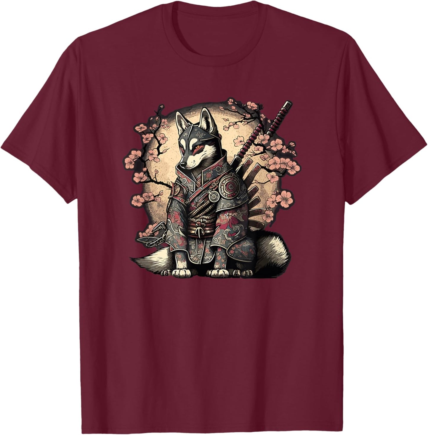 Japanese Samurai Wolf Tattoo, Vintage Kawaii Ninja T-Shirt - T-Shirt | Maroon