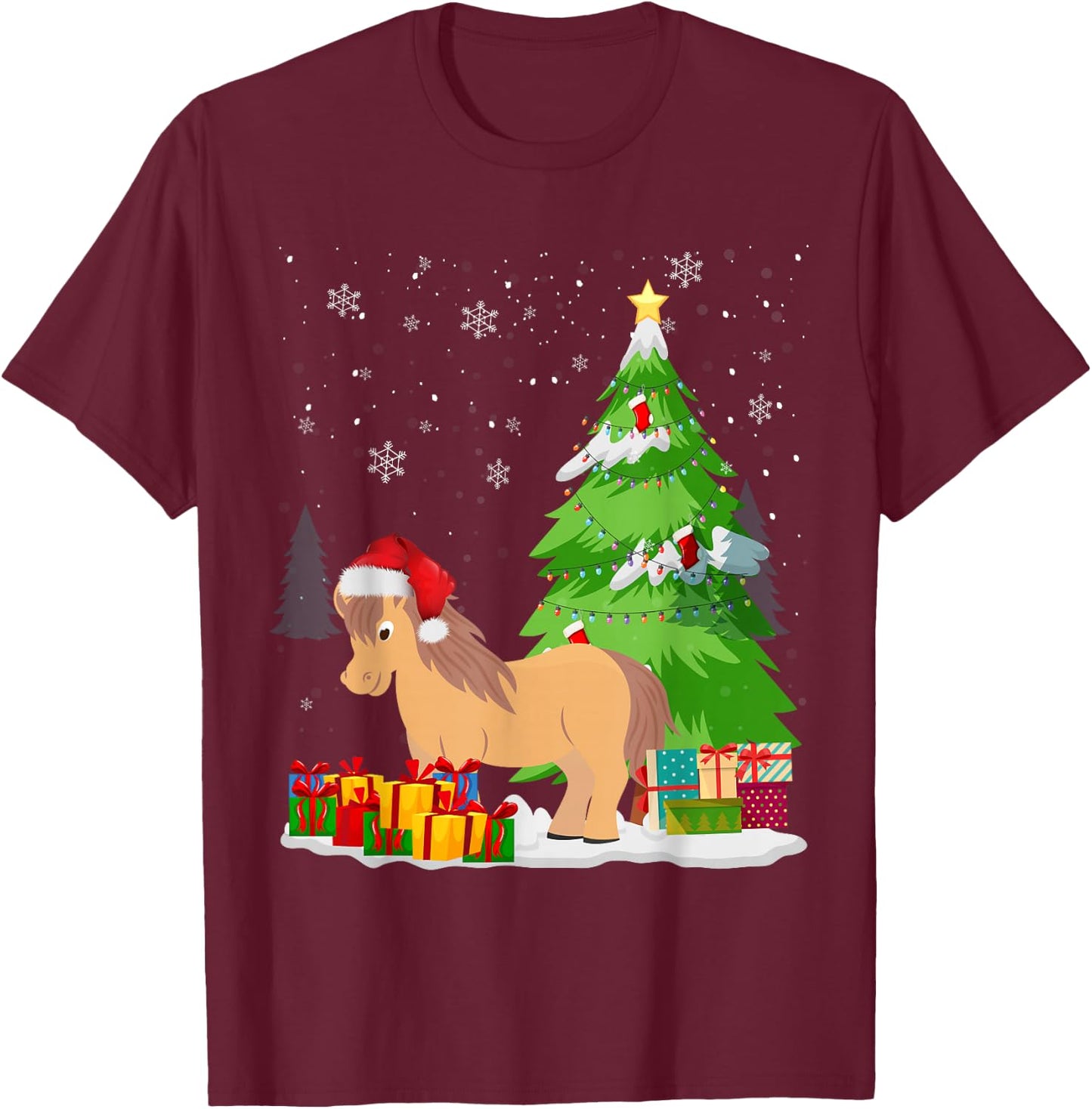 Funny Christmas Miniature Horse Santa Hat Matching Family T-Shirt - T-Shirt | Maroon