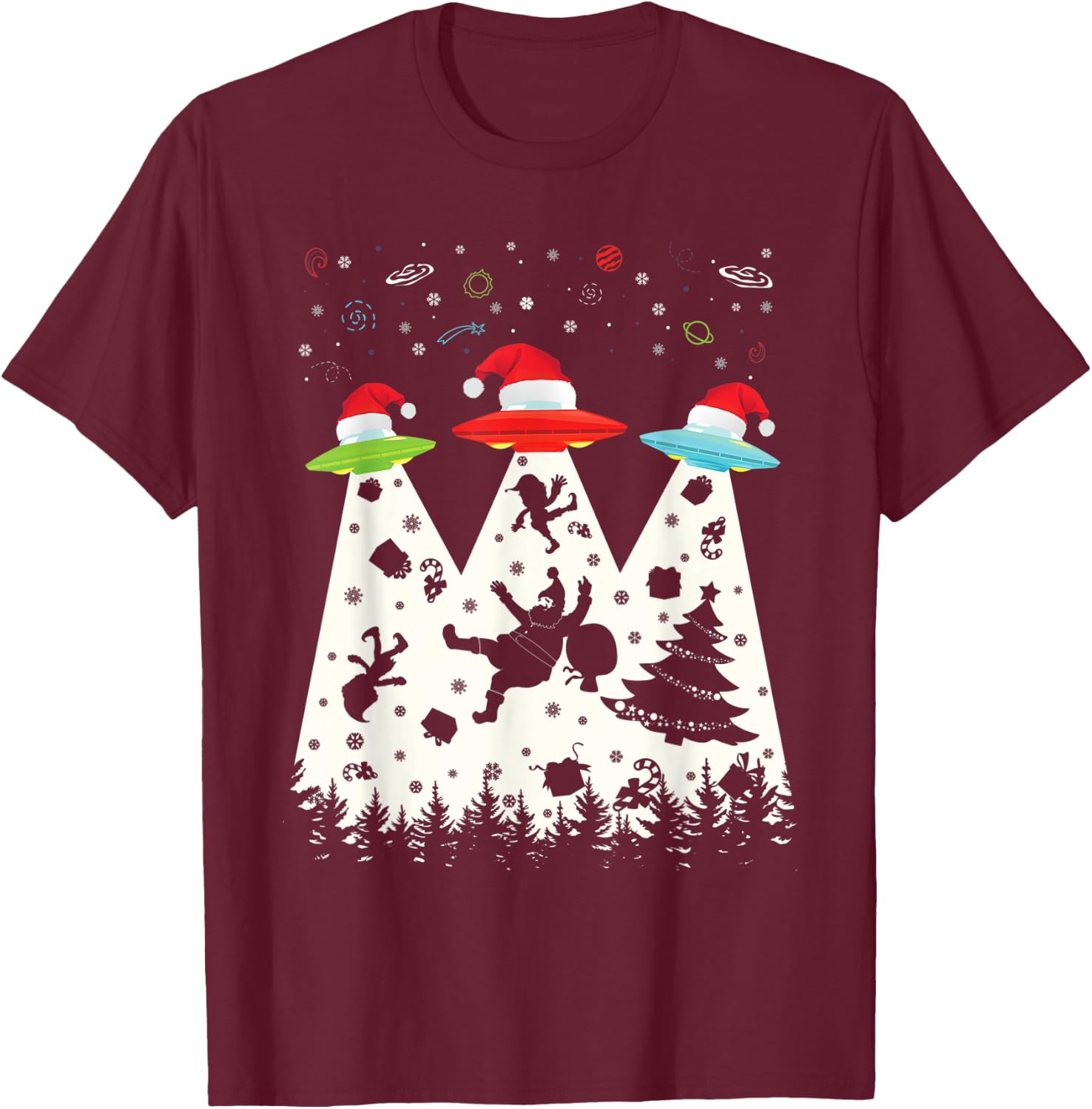 Funny Christmas Shirt Santa Alien Saucer UFO Abduction T-Shirt - T-Shirt | Maroon