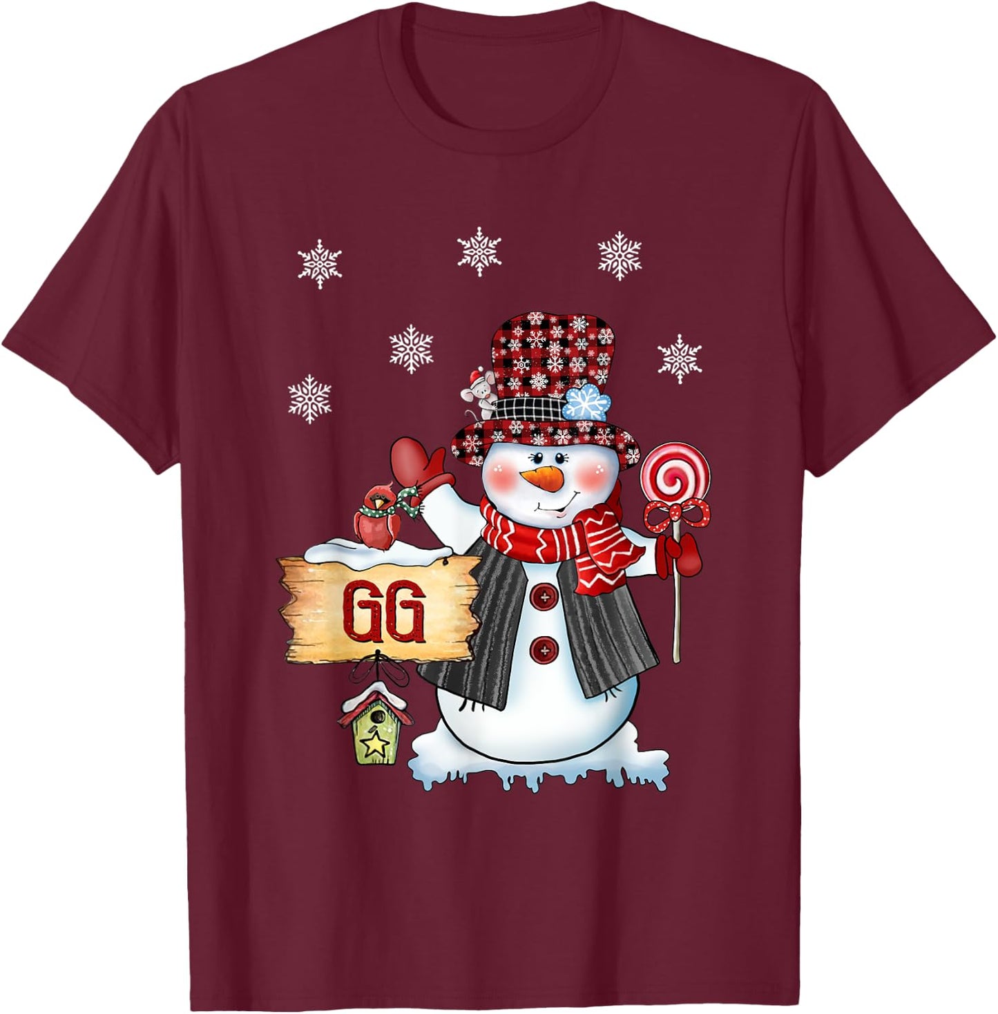 Gg Snowman Christmas Candy Cane Red Plaid Santa T-Shirt - T-Shirt | Maroon