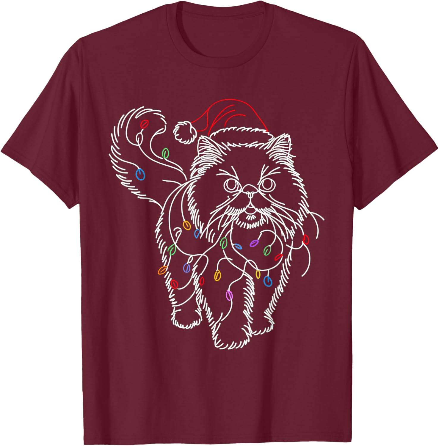 Persian Cat Santa Christmas Tree Lights Ugly Pajamas Mom Dad Women Kids T-Shirt - T-Shirt | Maroon