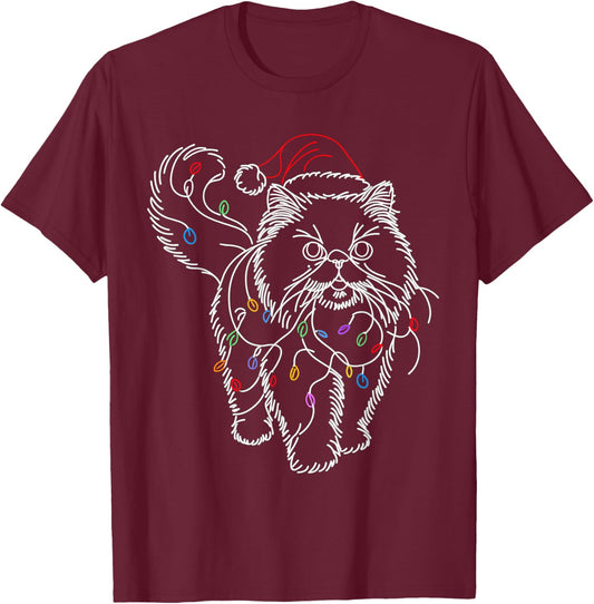Persian Cat Santa Christmas Tree Lights Ugly Pajamas Mom Dad Women Kids T-Shirt - T-Shirt | Maroon