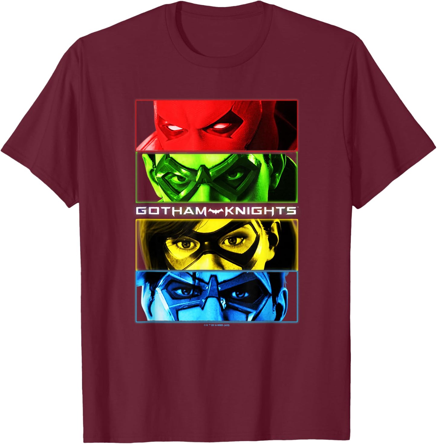Gotham Knights Character Mask Panels T-Shirt - T-Shirt | Maroon