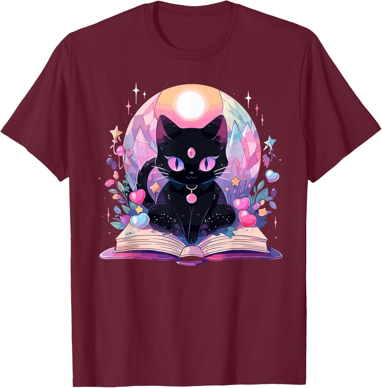 Book Lover Crystal Witchy Cute Black Cat Kawaii Pastel Goth T-Shirt - T-Shirt | Maroon