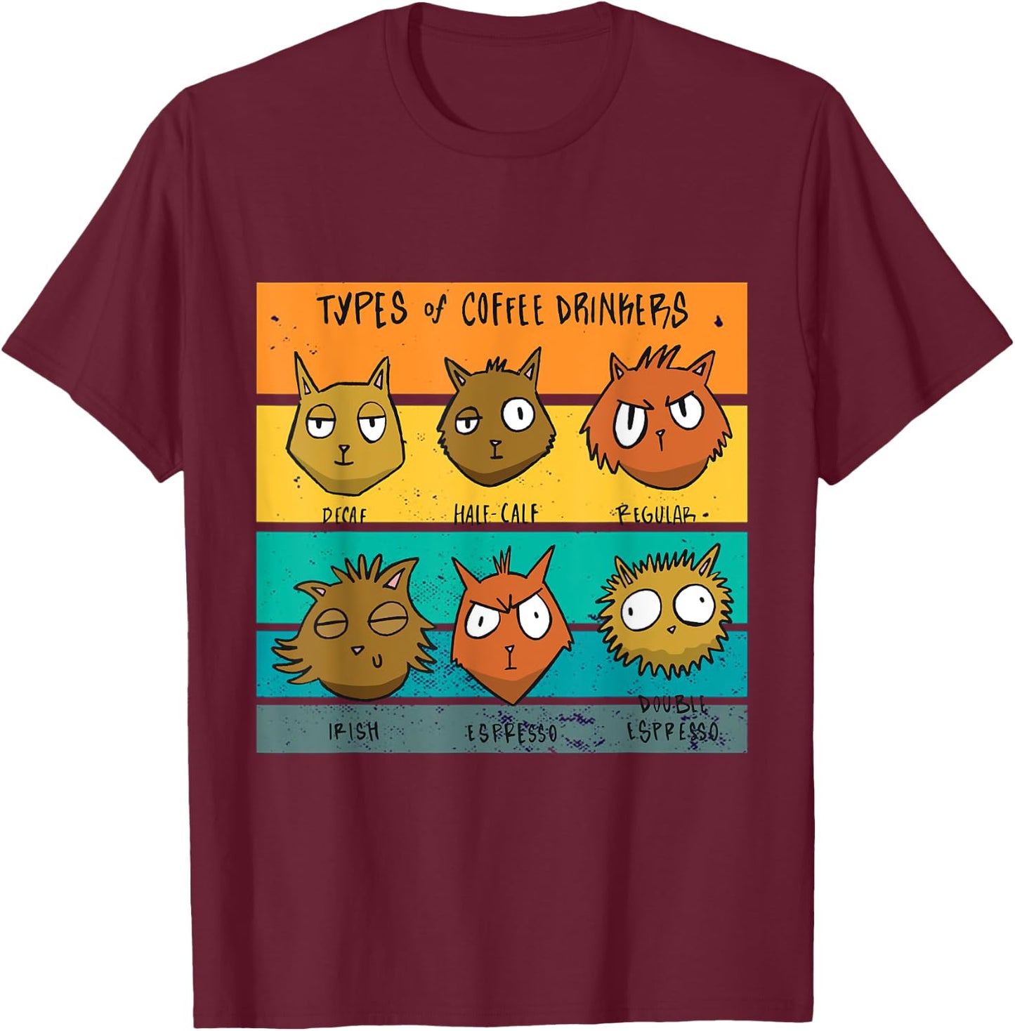 Types Of Coffee Drinkers Cat Lover Funny Coffee Cats Meow T-Shirt - T-Shirt | Maroon