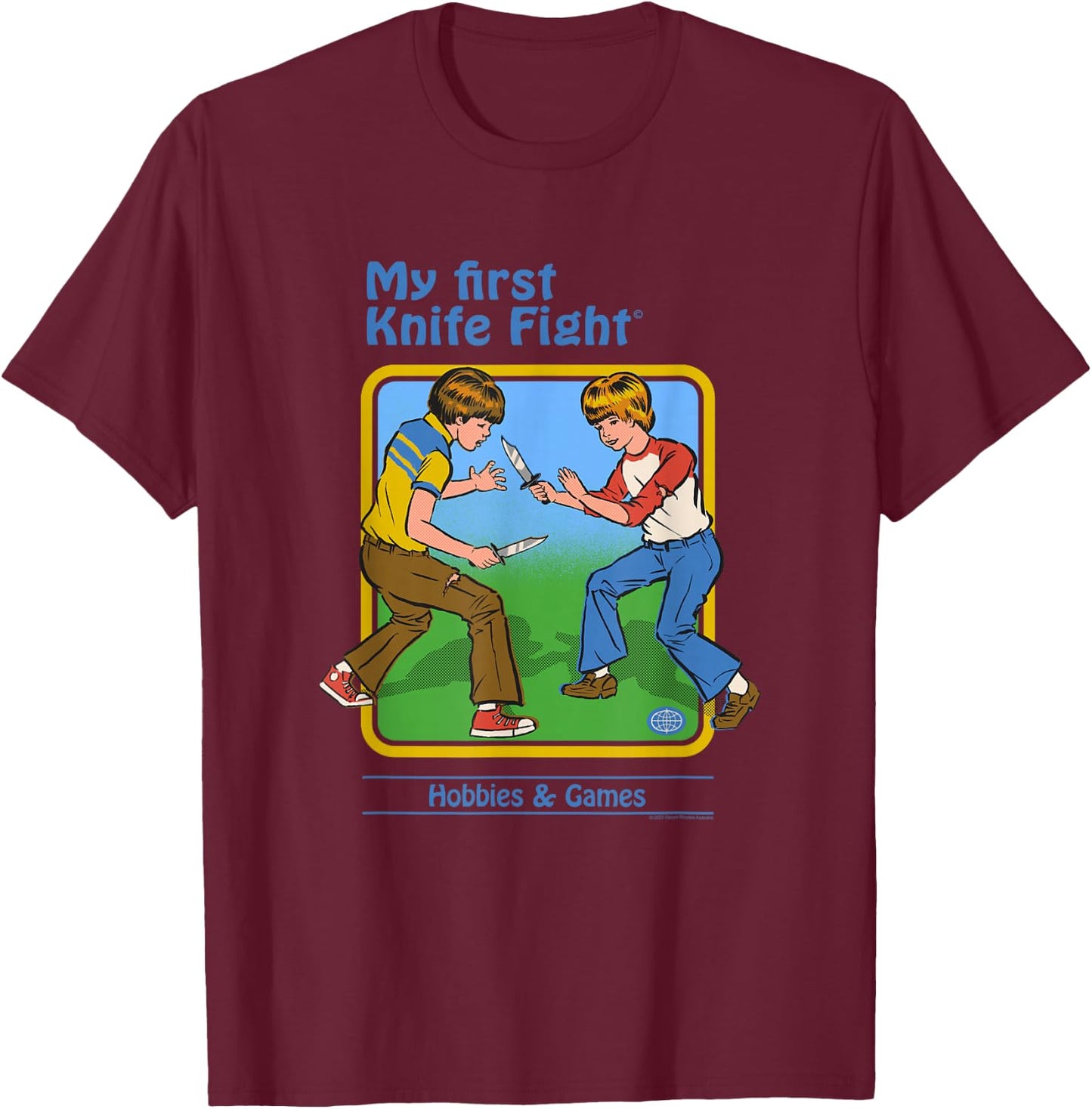 Steven Rhodes My First Knife Fight Retro Dark Humor T-Shirt - T-Shirt | Maroon