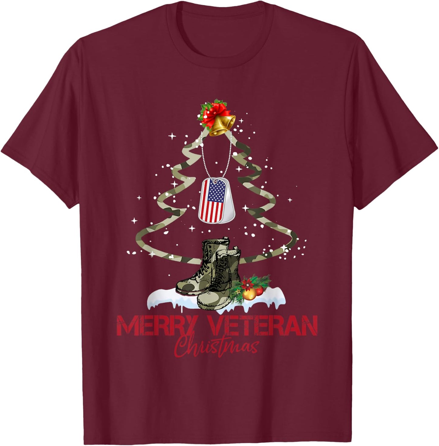 Merry Veteran Christmas Army Camo Xmas Tree Christmas T-Shirt - T-Shirt | Maroon