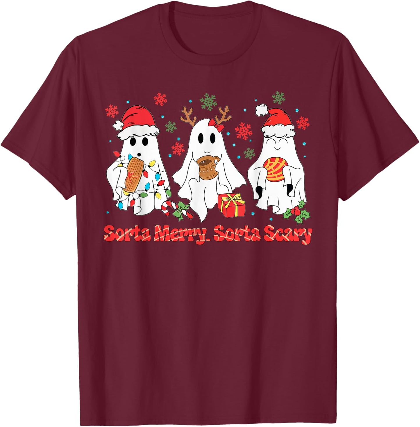 Funny Christmas Sorta Merry Sorta Scary Ghost Xmas Lights PJ T-Shirt - T-Shirt | Maroon