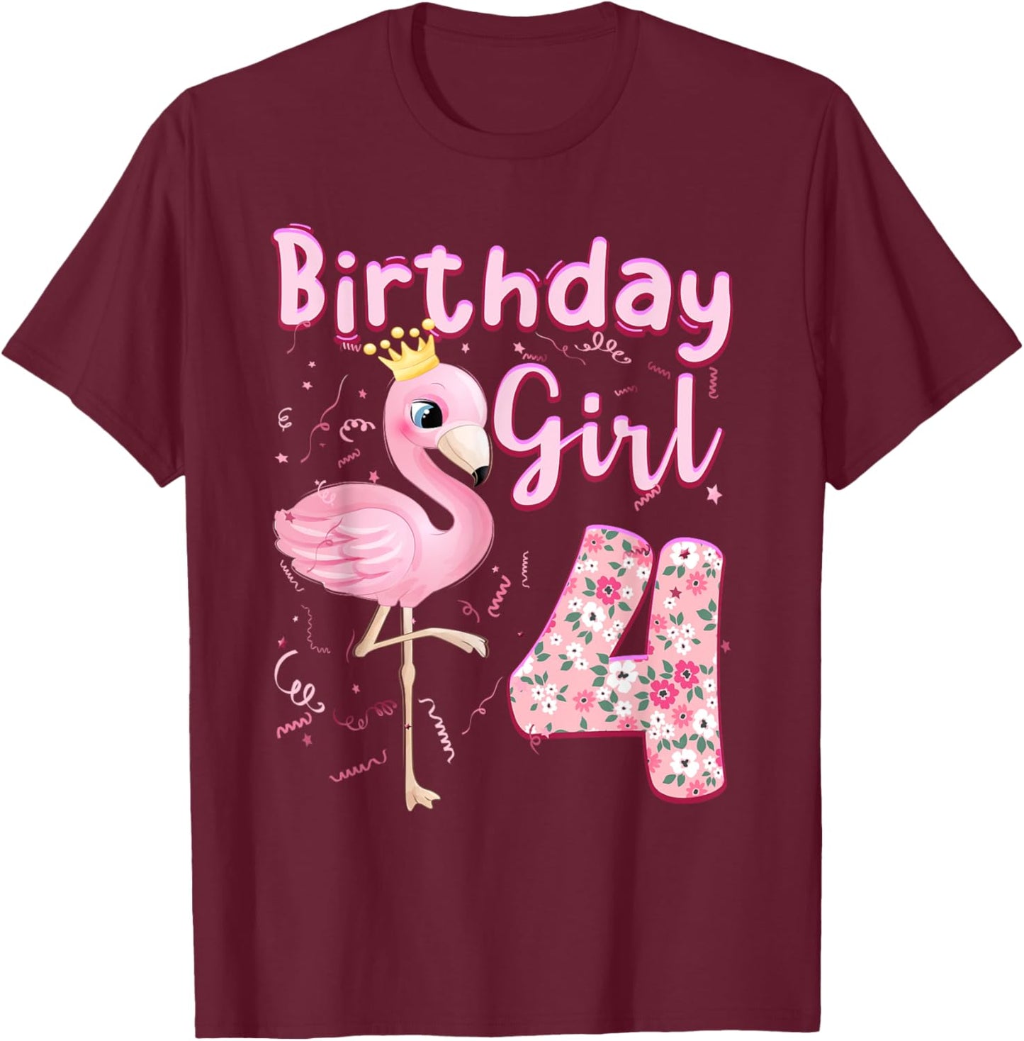 4th Birthday Girls Flamingo 4 Years Old Tropical Flamingo T-Shirt - T-Shirt | Maroon