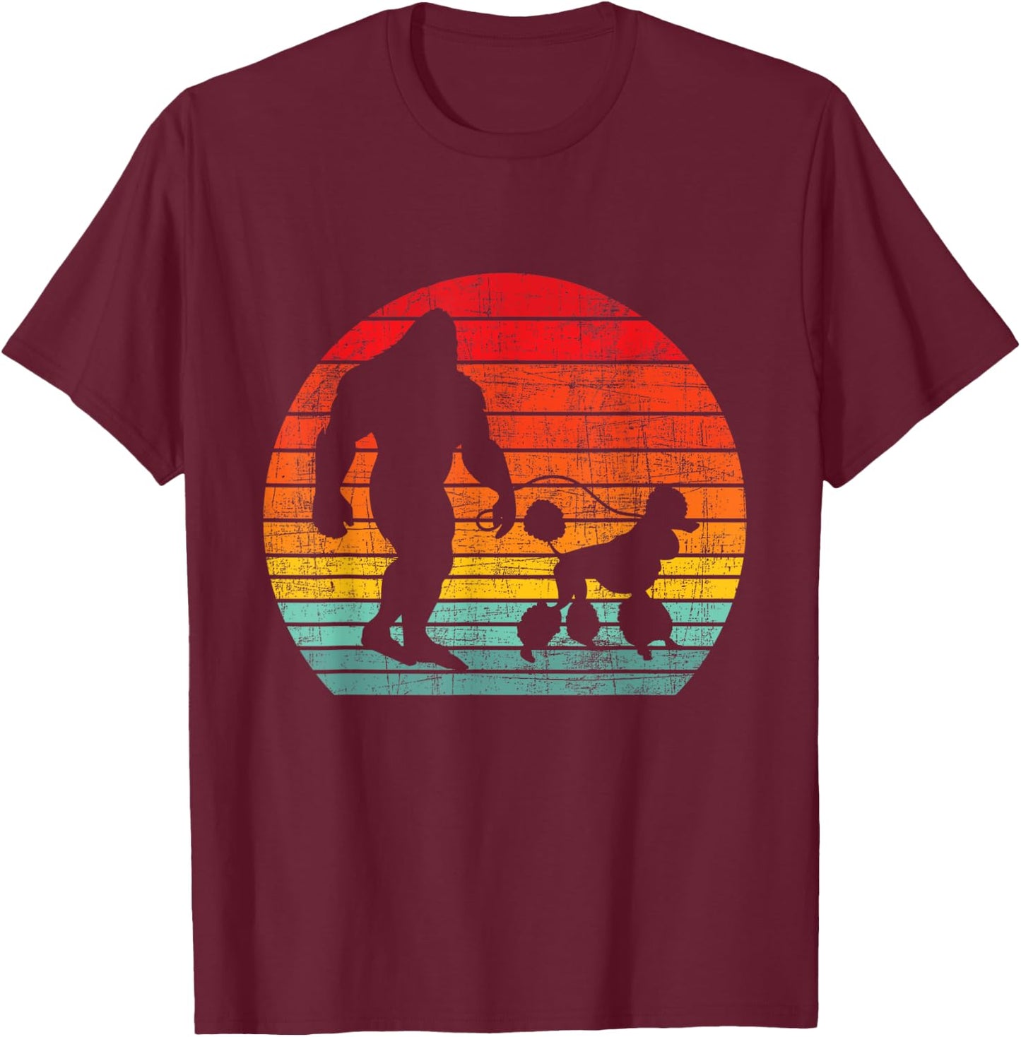 Retro Sunset Bigfoot And Poodle - Puppy Owner Dog Lover T-Shirt - T-Shirt | Maroon