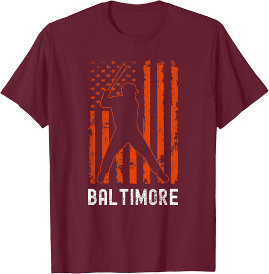 Baltimore Maryland American Flag Baseball Weathered T-Shirt - T-Shirt | Maroon