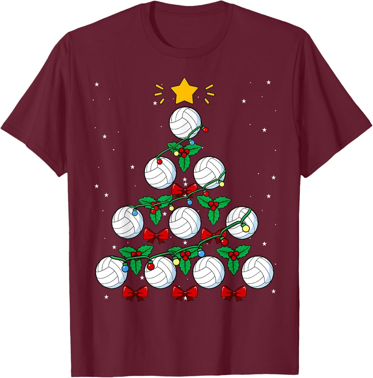 Volleyball Christmas Tree Ball Team Sports Coach Player Game T-Shirt - T-Shirt | Maroon