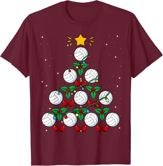 Volleyball Christmas Tree Ball Team Sports Coach Player Game T-Shirt - T-Shirt | Maroon