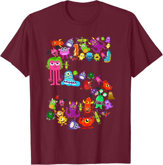 Little Monster 5 Five Year Old 5th Birthday Party Monsters T-Shirt - T-Shirt | Maroon