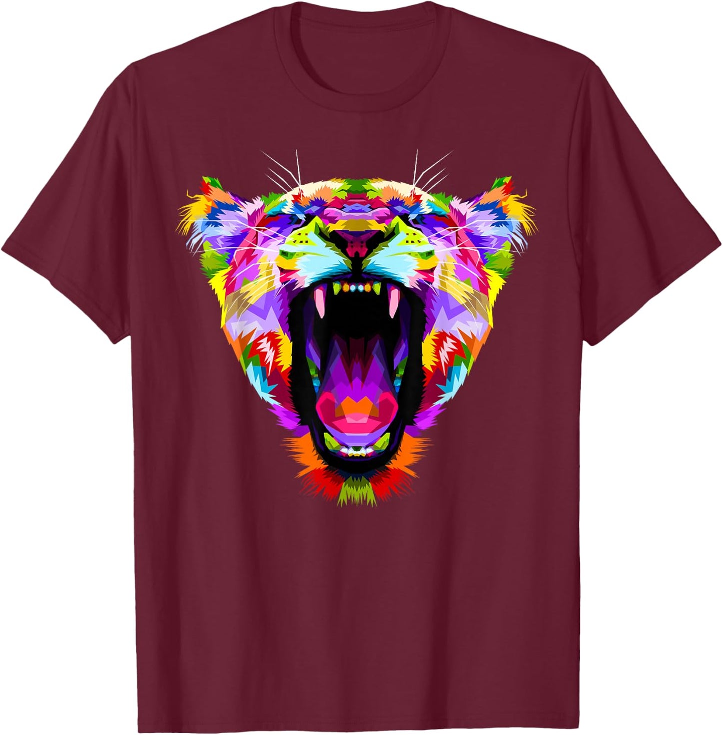 Colourful Angry Lioness Portrait Funny Big Cat T-Shirt - T-Shirt | Maroon