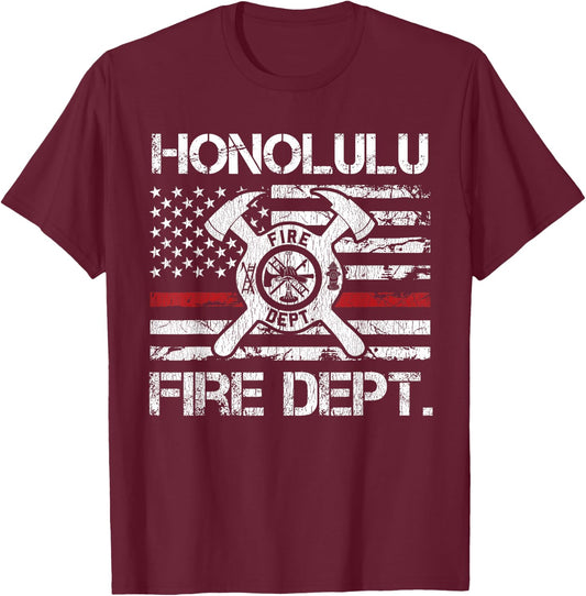 Honolulu Hawaii Fire Department Thin Red Line Fireman T-Shirt - T-Shirt | Maroon