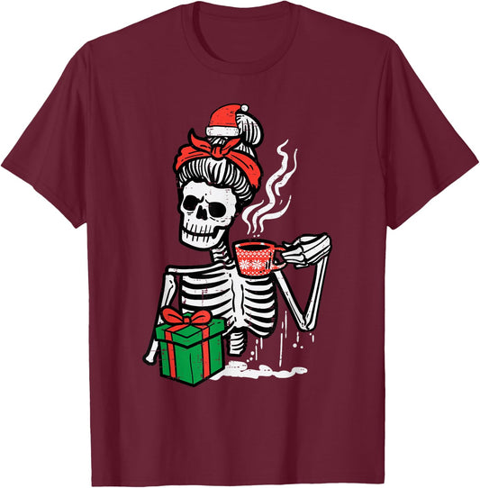 Christmas Skeleton Messy Bun Coffee Xmas Mom Women Girls T-Shirt - T-Shirt | Maroon