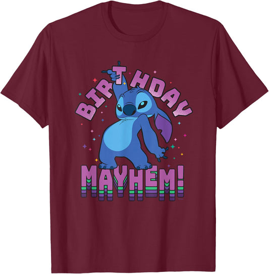 Disney Lilo & Stitch Disco Dance Birthday Mayhem! T-Shirt - T-Shirt | Maroon