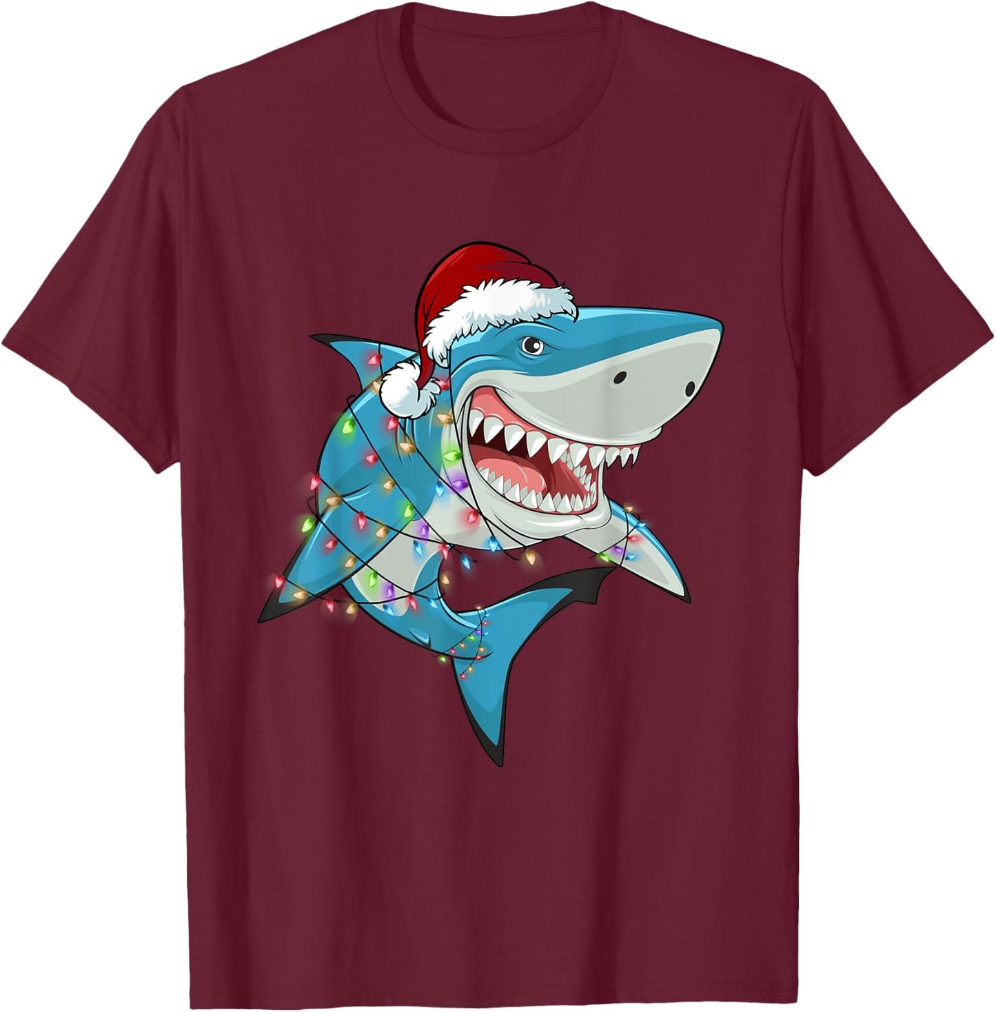 Shark Christmas Tree Lights Santa Hat Xmas Gifts Boys Kids T-Shirt - T-Shirt | Maroon