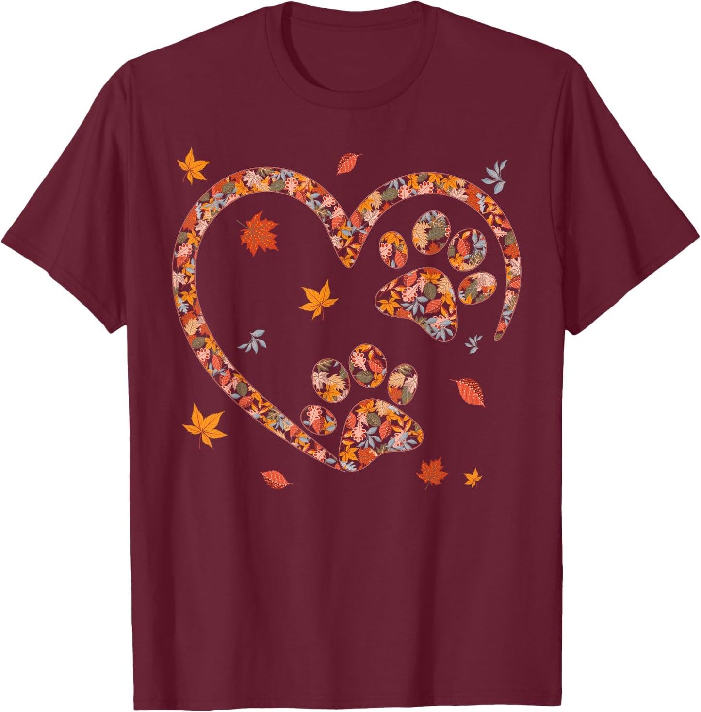 Funny Fall Leaf Cat Dog Print Autumn Vibes Thanksgiving Day Women Girls Kids T-Shirt - T-Shirt | Maroon