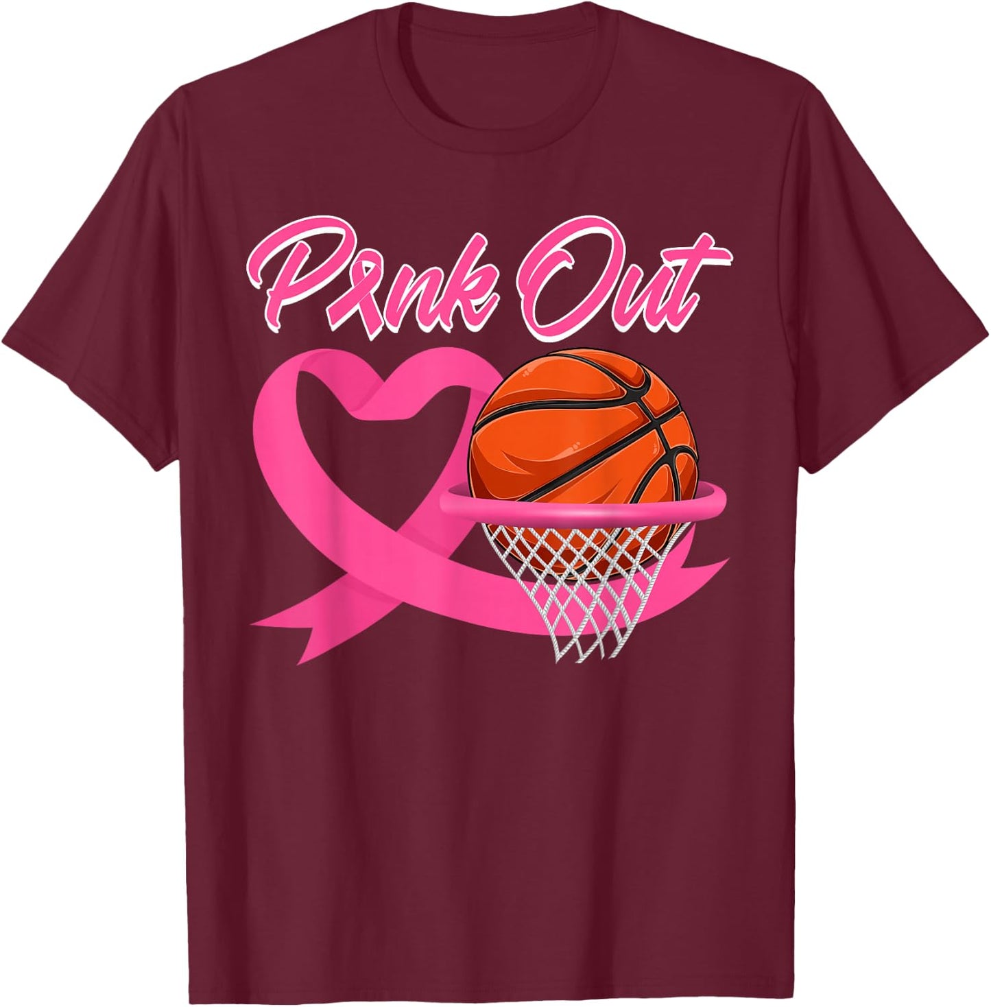 Pink Out Breast Cancer Pink Ribbon Heart & Basketball Ball T-Shirt - T-Shirt | Maroon