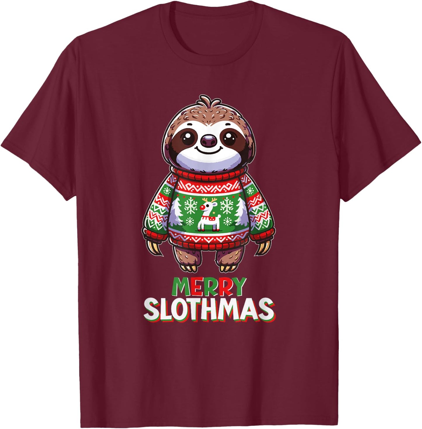 Merry Slothmas Santa Christmas Sloth Sweater Xmas Holiday T-Shirt - T-Shirt | Maroon