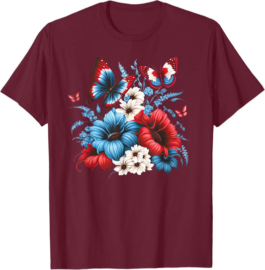Butterfly Flowers - Red White and Blue 4th of July Patriotic T-Shirt - T-Shirt | Maroon