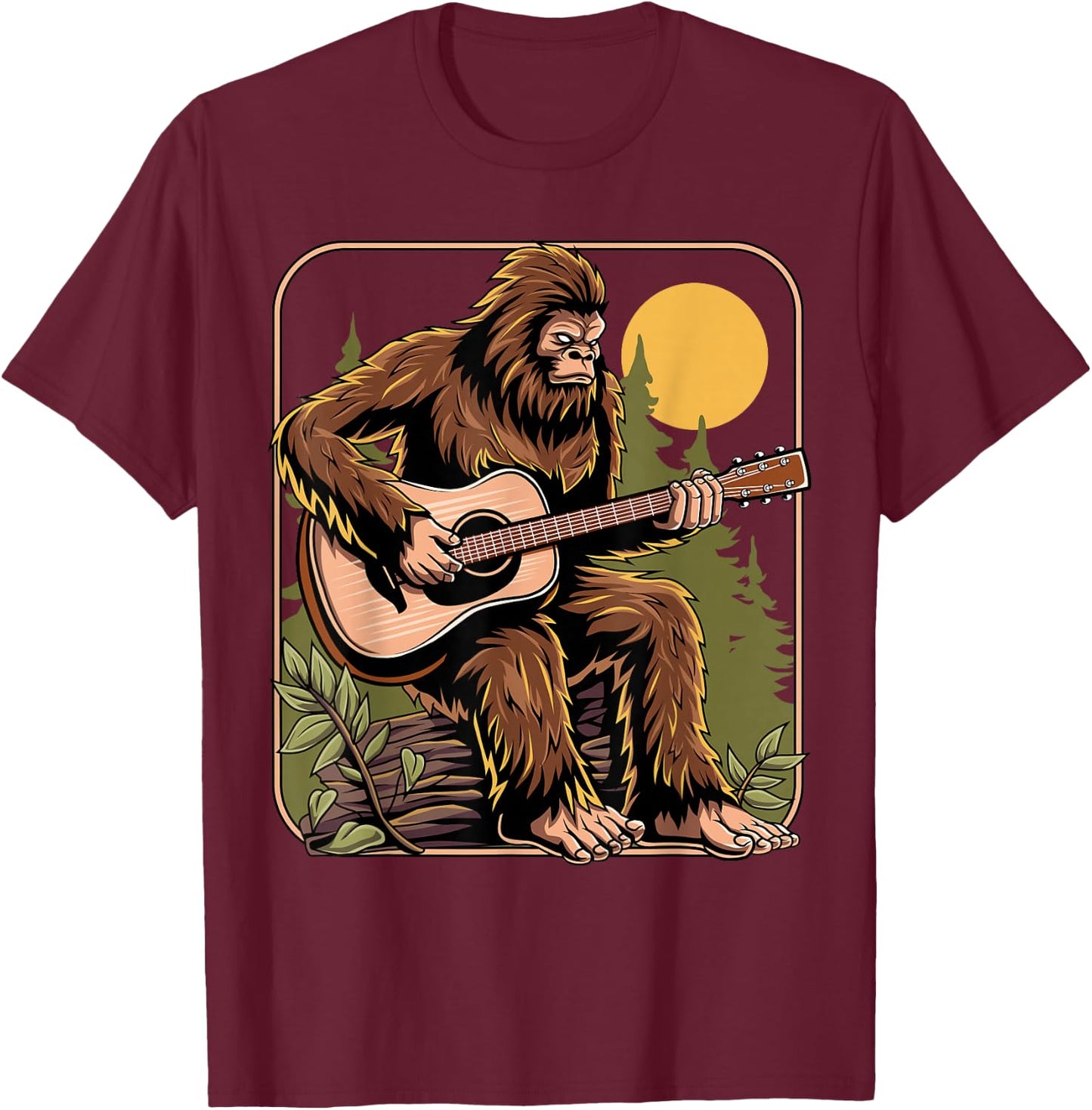 Retro Bigfoot Sasquatch Playing Acoustic Guitar Guitarist T-Shirt - T-Shirt | Maroon