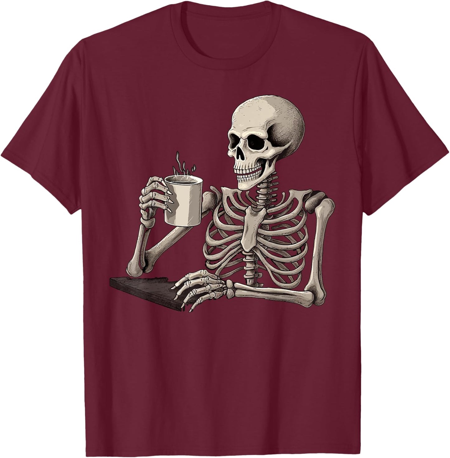 Skeleton Drinking Tea Coffee Halloween Skeleton Skull T-Shirt - T-Shirt | Maroon