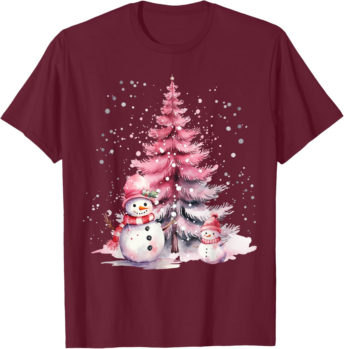 Pink Christmas Winter Snow Snowman Pastel Winter Wonderland T-Shirt - T-Shirt | Maroon