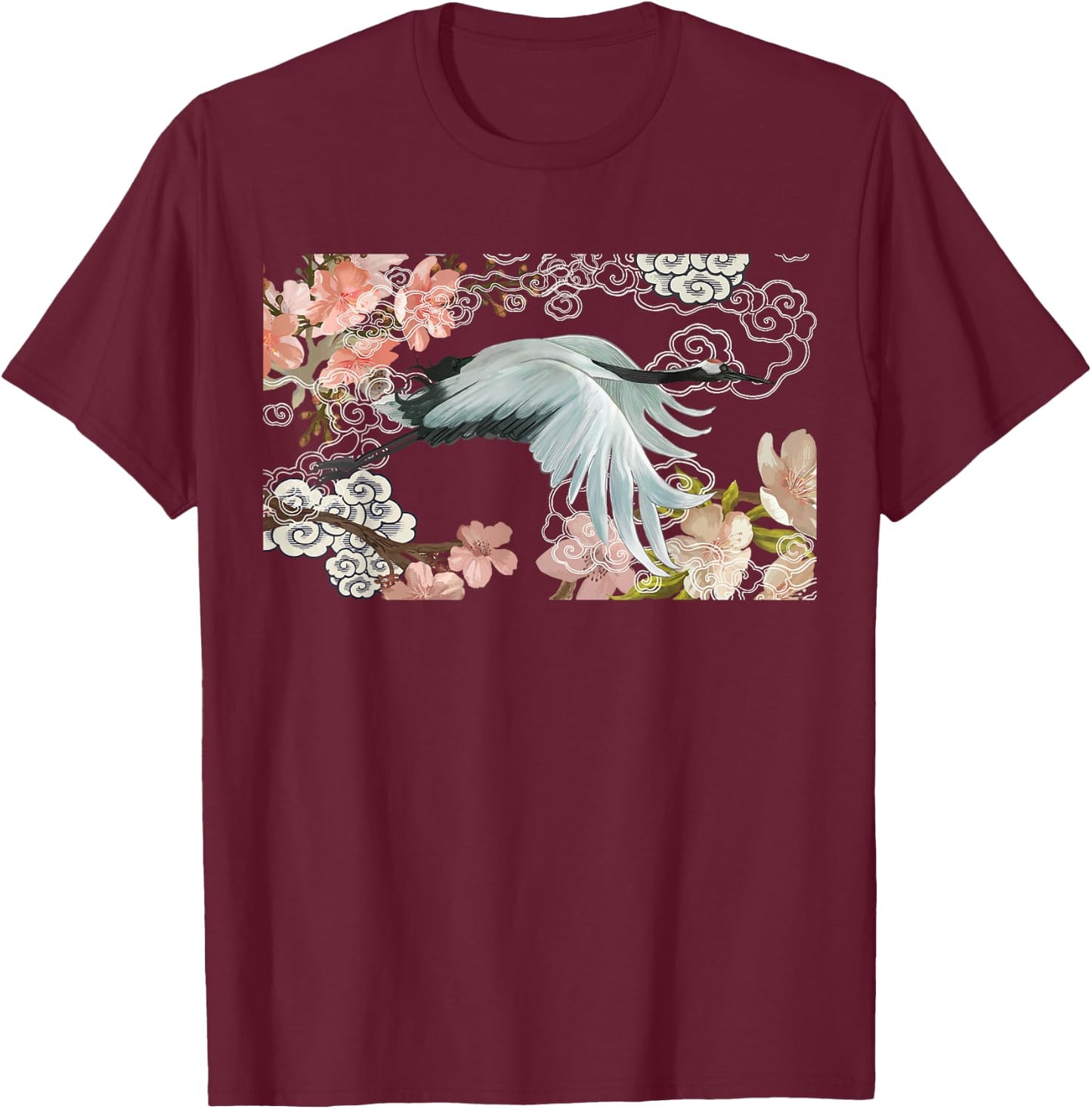 flying white Sandhill Crane Bird Japanese style art Lover T-Shirt - T-Shirt | Maroon