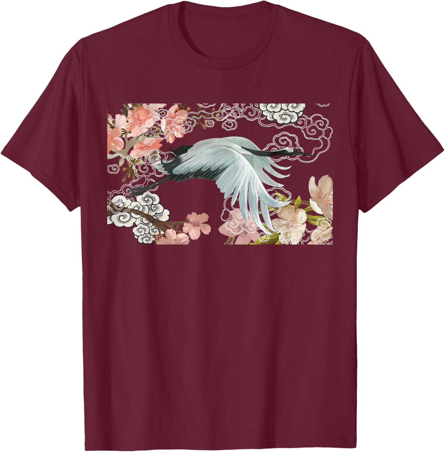 flying white Sandhill Crane Bird Japanese style art Lover T-Shirt - T-Shirt | Maroon