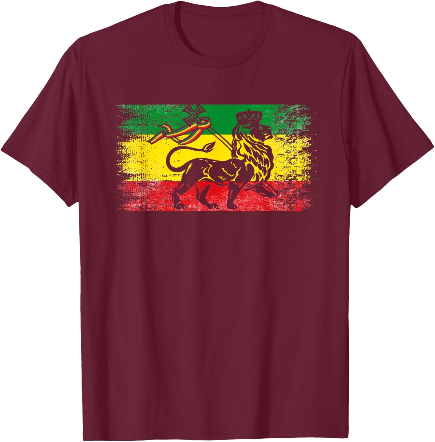 Lion of Judah Rasta Ethiopian Reggae Old Ethiopia Flag Fan T-Shirt - T-Shirt | Maroon