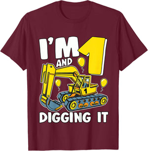 Kids I'm 1 And Digging It 1 Year Boy Kids 1st Birthday Excavator T-Shirt - T-Shirt | Maroon