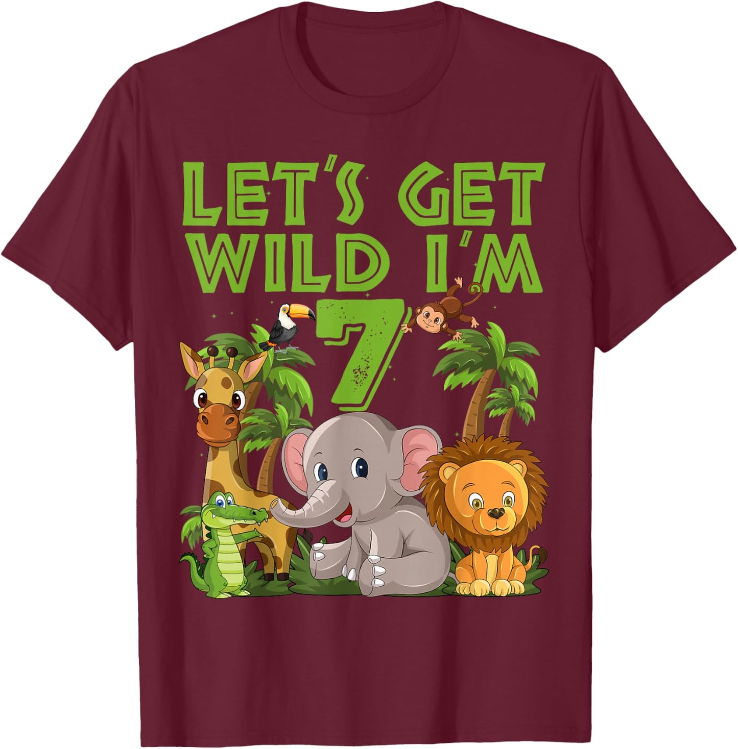7 Year Old Zoo Birthday Safari Jungle Animal 7th B-day T-Shirt - T-Shirt | Maroon