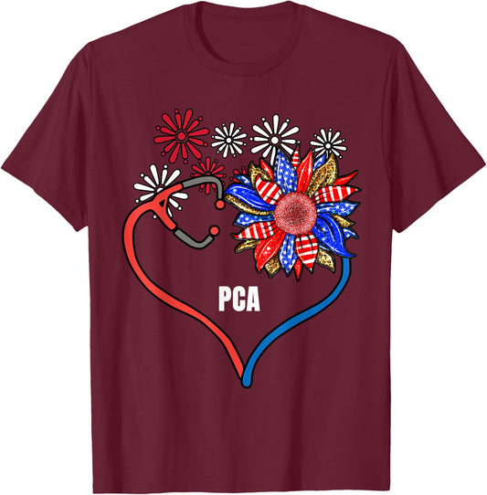 Sunflower Stethoscope PCA Fourth 4th Of July RN Women T-Shirt - T-Shirt | Maroon