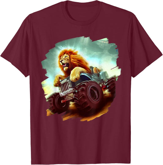 Lion Riding Monster Truck Cool Lion Monster Truck T-Shirt - T-Shirt | Maroon